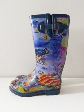Anuschka Ocean Treasures Tall Rain Boots Size 8 Underwater Sea Turtle Blue Multi